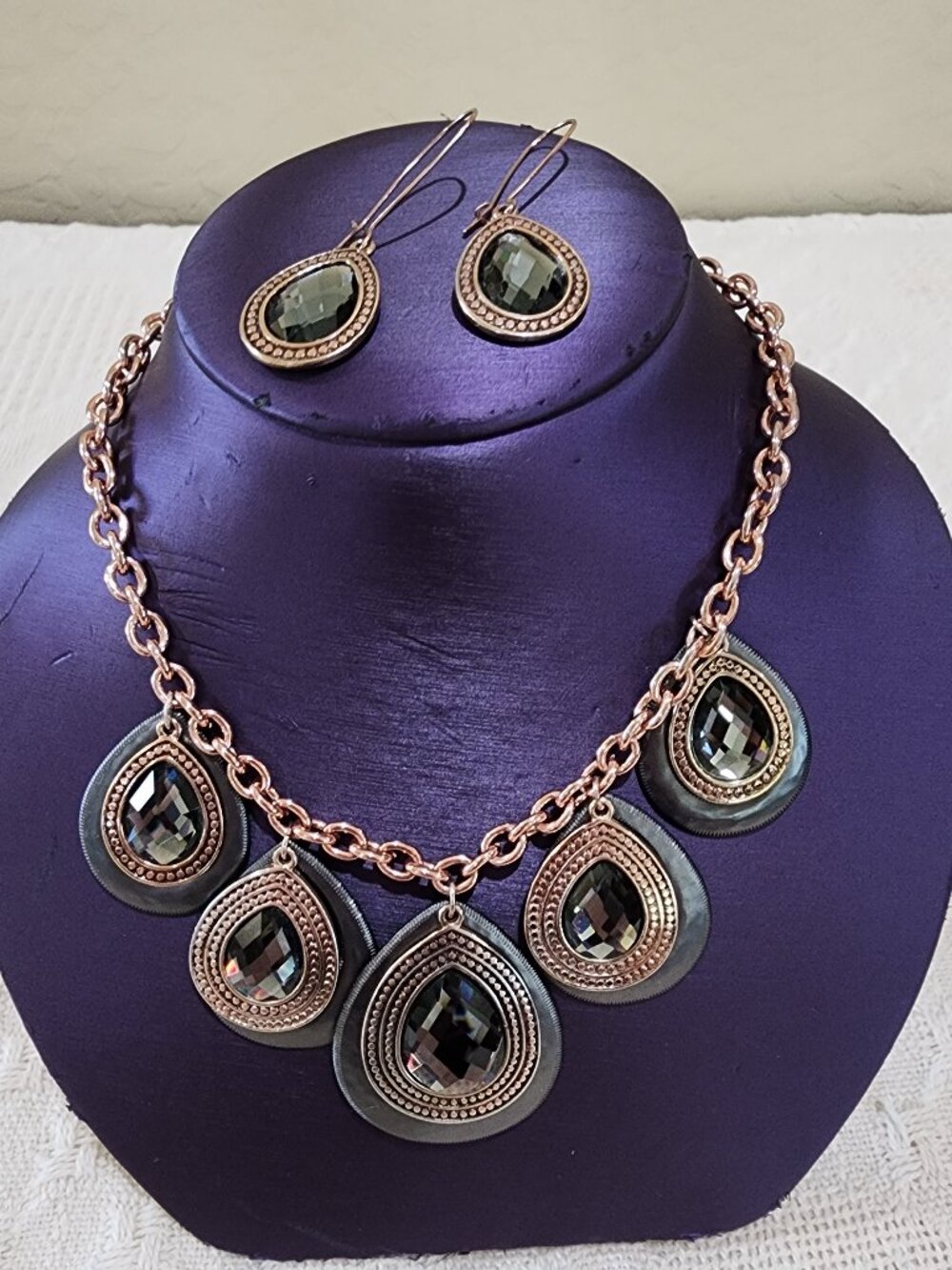St Thomas Copper Gray Teardrop Rhinestone Statement Necklace Earrings Set